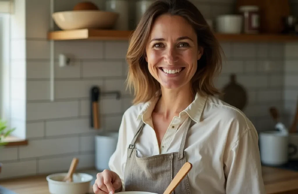 A woman in her early 40s smiling warmly in a cozy kitchen, wearing a casual apron and holding a mixing bowl with a wooden spoon. Natural light from a window illuminates the scene, with baking tools and ingredients visible on the counter, creating a homely and inviting atmosphere.