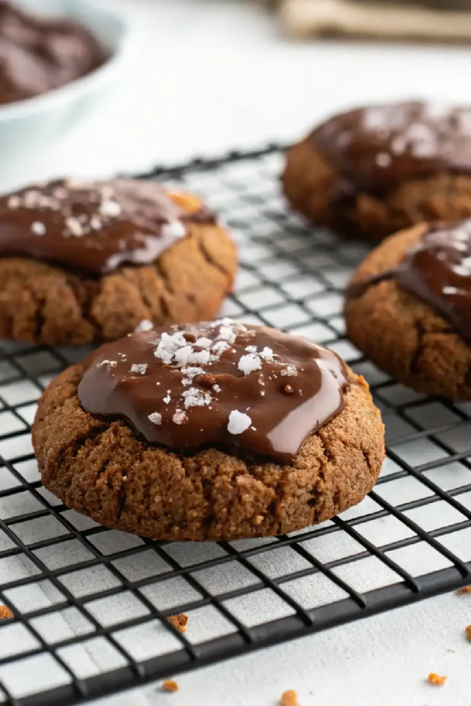 Close-up of a healthy high protein collagen cookie topped with melted sugar-free chocolate and sea salt flakes on a wire rack

