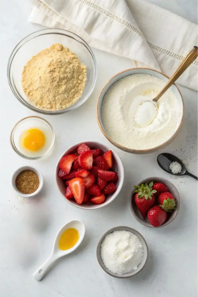 Overhead view of cheesecake ingredients laid out on a casual kitchen counter