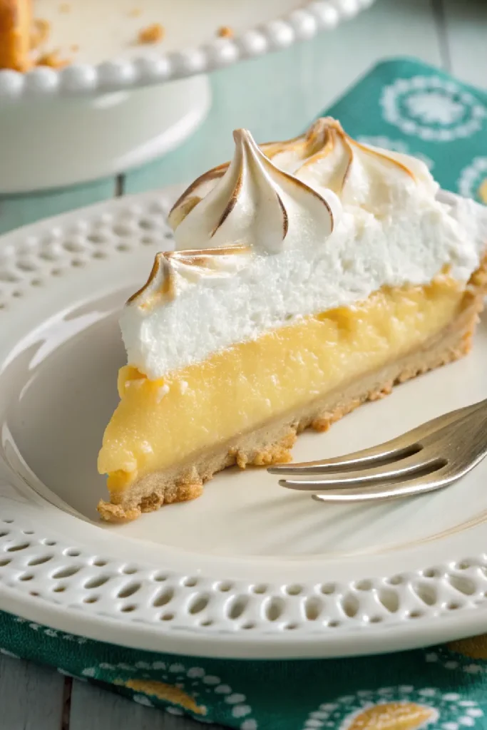 Close-up of a slice of sugar free keto lemon meringue pie on a white decorative plate, showing a thick crust, lemon curd layer, and toasted meringue topping.
