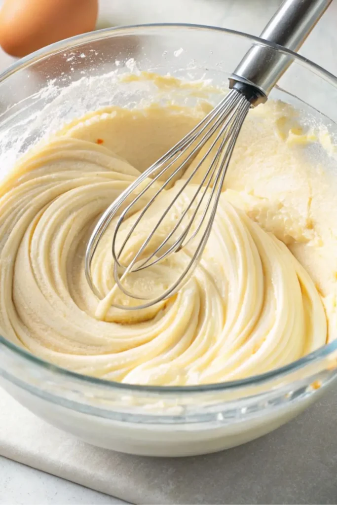 Cheesecake filling in a glass bowl with powdered sweetener on top and a metal whisk resting inside, partially mixed.