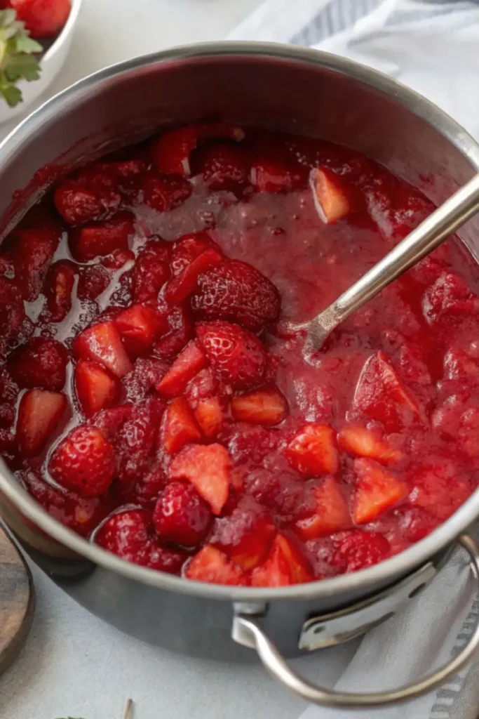Close-up of a saucepan with thick, simmered strawberry sauce, deep red and bubbling after cooking.