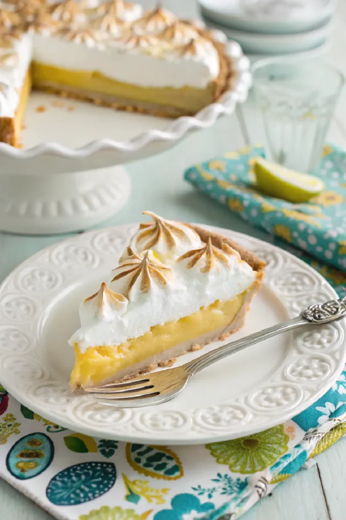 A slice of sugar free keto lemon meringue pie on an ornate white plate, showing golden crust, lemon filling, and toasted meringue, with the full pie blurred in the background.