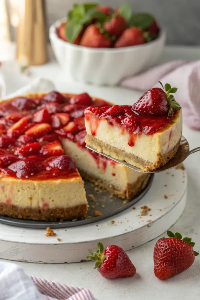 A slice of strawberry-topped healthy cheesecake being lifted from the pan, showing creamy filling and golden crust.