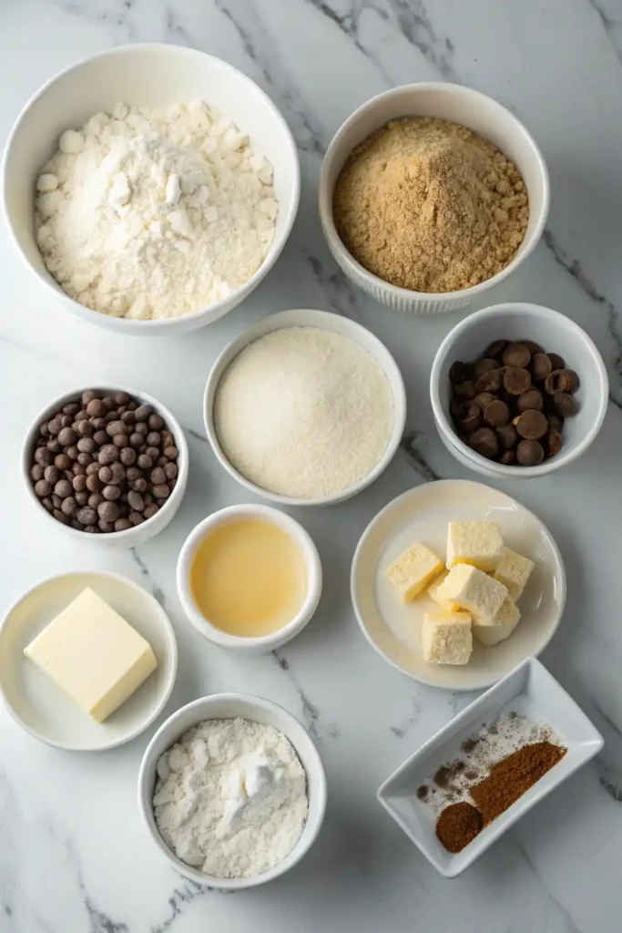 Flat-lay of ingredients for healthy high protein collagen cookies, including almond flour, egg whites, collagen powder, cocoa, and sweetener

