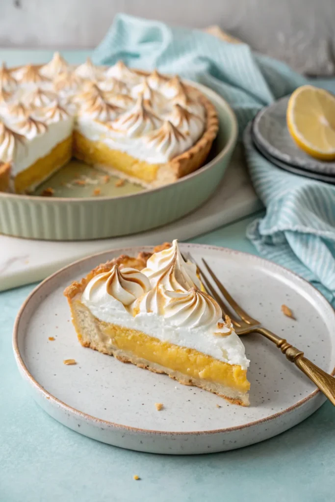 A slice of sugar free keto lemon meringue pie on a rustic white plate with a golden crust, vibrant lemon filling, and toasted meringue topping, styled with a linen napkin and brass fork.