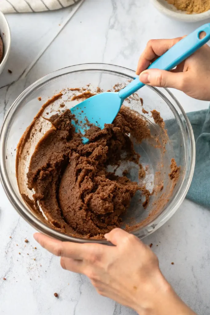 Mixing chocolate collagen cookie dough in a glass bowl with a blue spatula during prep for healthy high protein collagen cookies