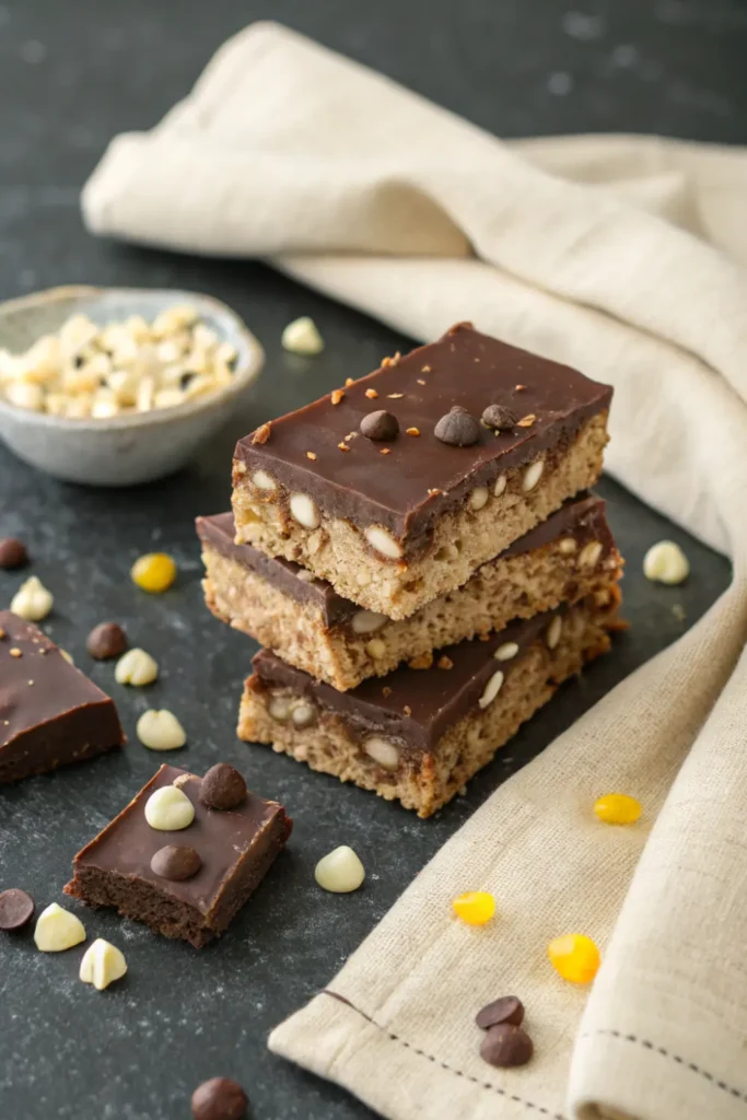 Stack of homemade sugar-free Kit Kat bars with a nutty almond base and chocolate topping on a dark surface