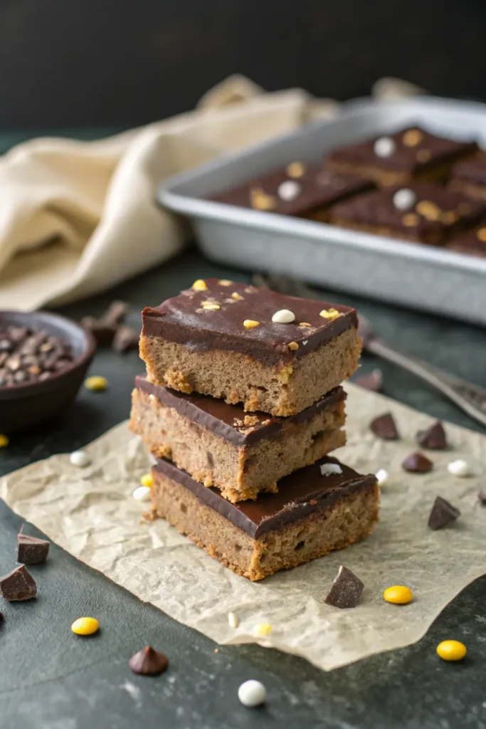 Three stacked homemade sugar-free Kit Kat bars on parchment with a rich chocolate coating and golden almond flour base